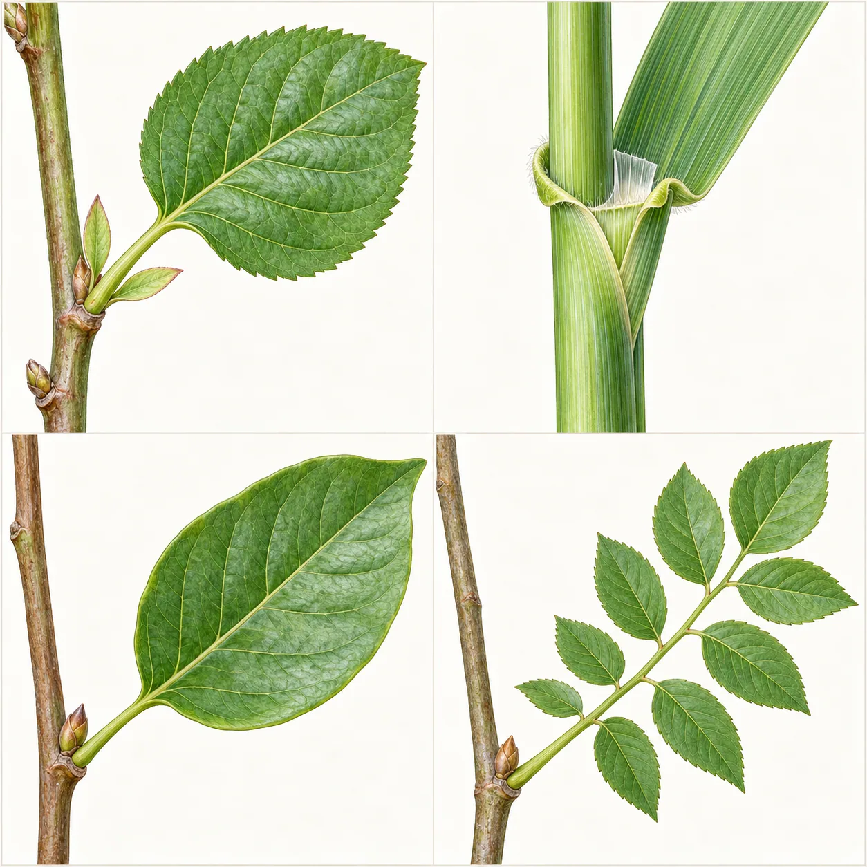 四格無字植物構造圖：左上有柄葉的葉柄基部旁有成對托葉；右上禾本科葉鞘包住莖，葉舌位於葉鞘與葉身交界內側，葉耳從交界兩側伸出；左下是葉身連續的簡單葉；右下是以單一葉柄接莖、由葉軸承接小葉的羽狀複葉。