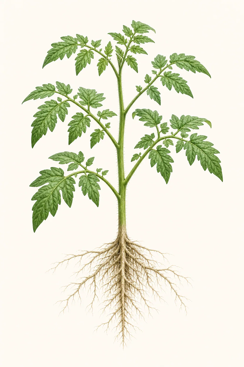 年輕番茄植株露出根系，可看見根、莖和葉
