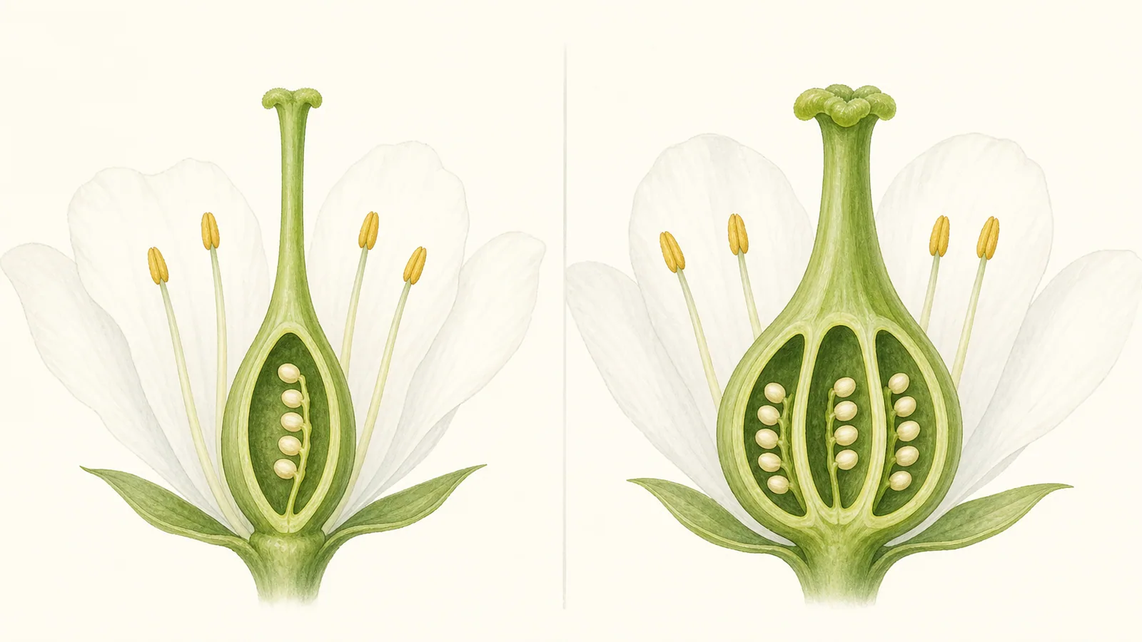 Teaching diagram showing one carpel as a female reproductive unit and a pistil that may be one carpel or several fused carpels