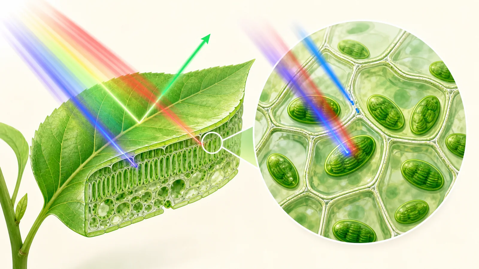 Concept diagram of a leaf, leaf cell, and chloroplasts, showing red and blue-violet light entering chloroplasts while some green light is reflected or transmitted