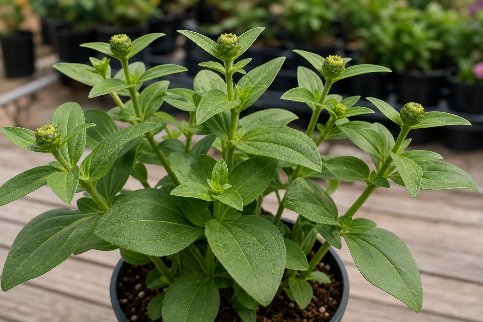 A compact dwarf zinnia-type plant forming unopened terminal flower buds, with smaller upper leaves near the buds than the larger mature leaves below