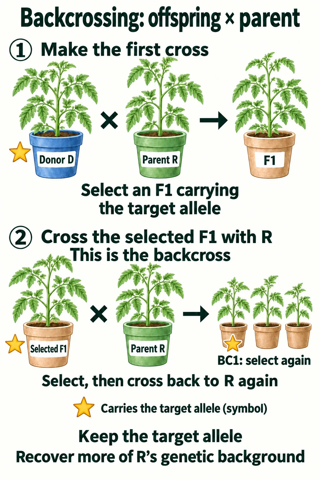 Two-row tomato backcross diagram: donor D crossed with green-potted recurrent parent R produces F1; a selected, starred F1 is crossed with R to produce three BC1 offspring for further selection, with a star beside one
