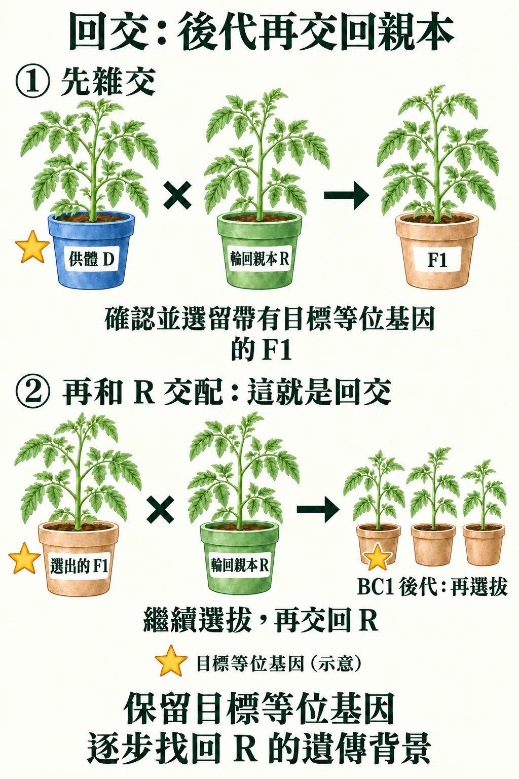 兩列番茄回交概念圖：上列供體 D 與綠盆輪回親本 R 雜交得到 F1；下列選出的帶星 F1 再與 R 交配，得到仍需選拔的三株 BC1 後代，其中一株旁有星號