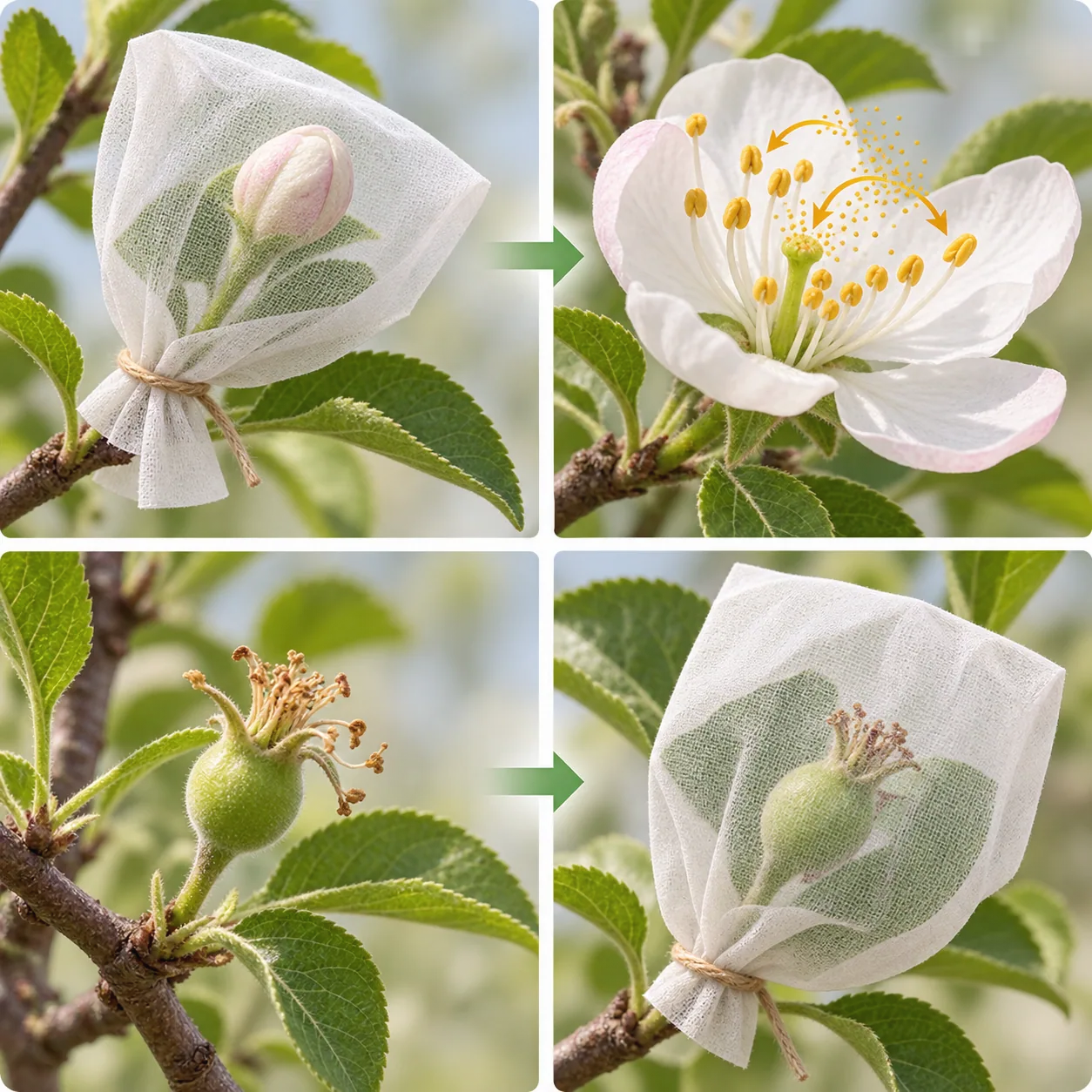 無文字教學圖以四格呈現花蕾套袋隔離、開花時花粉接觸柱頭、花後形成幼果，以及幼果套袋防護的發育順序