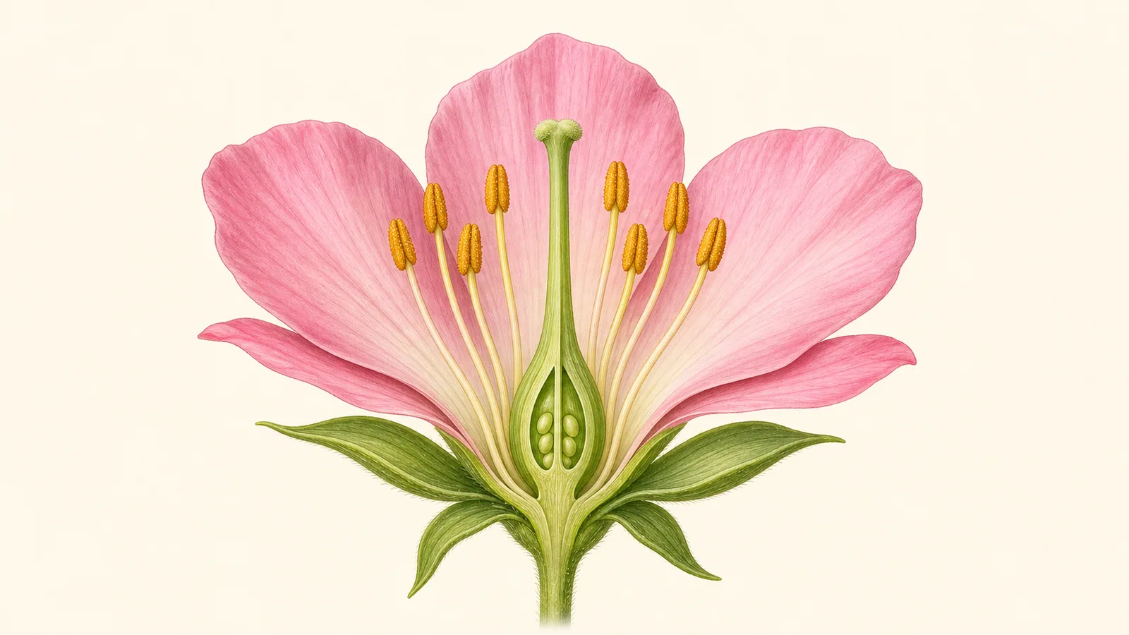 典型完全花剖面教學圖，可看見粉紅花瓣、綠色萼片、黃色花藥、花絲、中央雌蕊、子房和胚珠