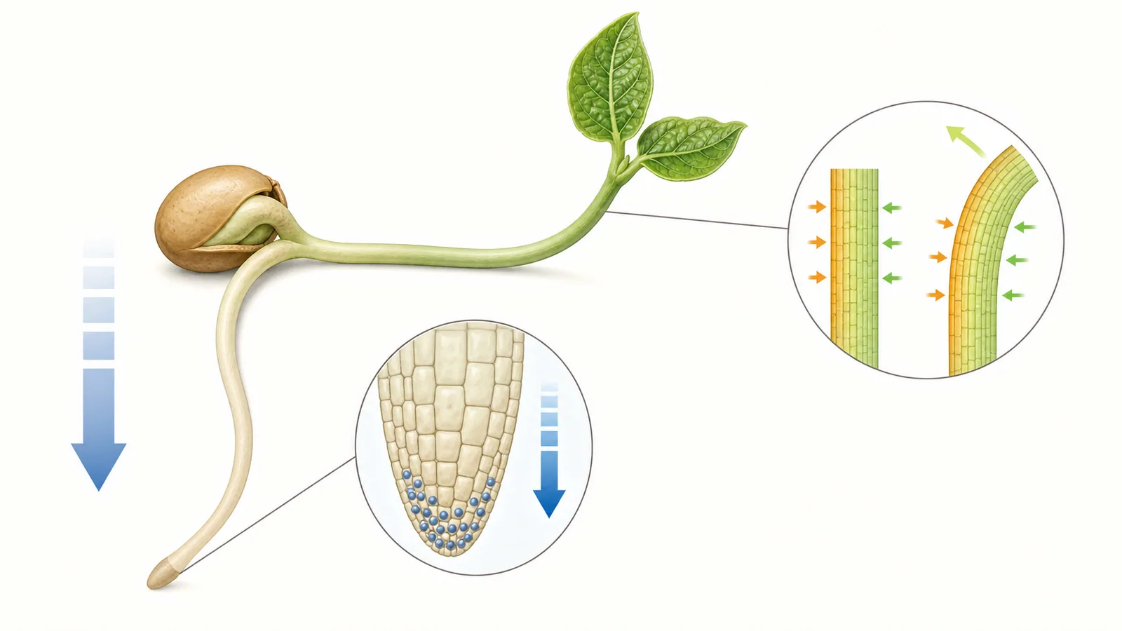 植物怎麼感覺重力？根為什麼往下、莖往上？介紹向地性的文章示意圖