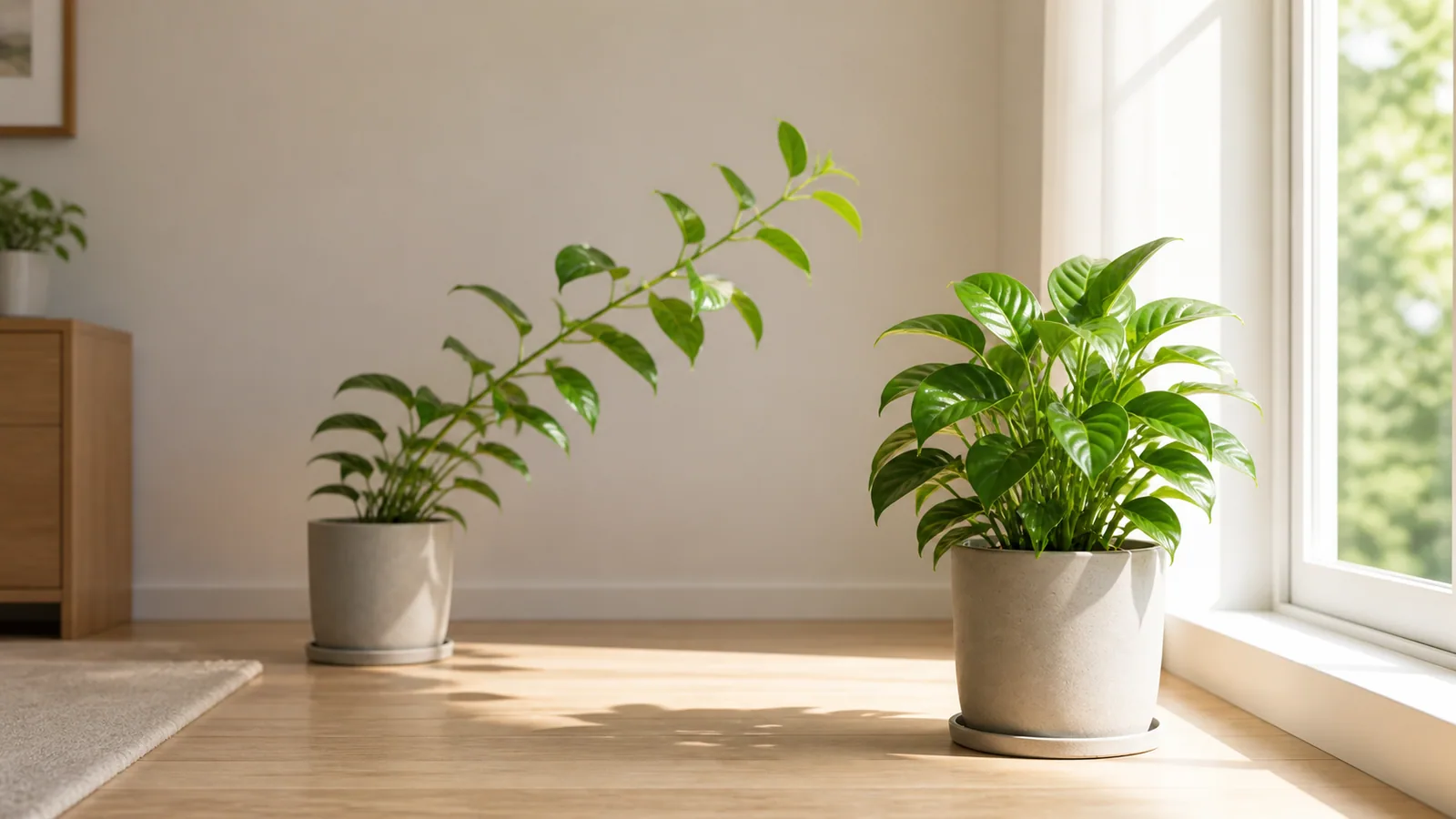 兩盆同類觀葉植物在室內比較，右側靠窗株型較直立緊湊，左側離窗較遠的新枝往窗邊伸展的生成教學圖