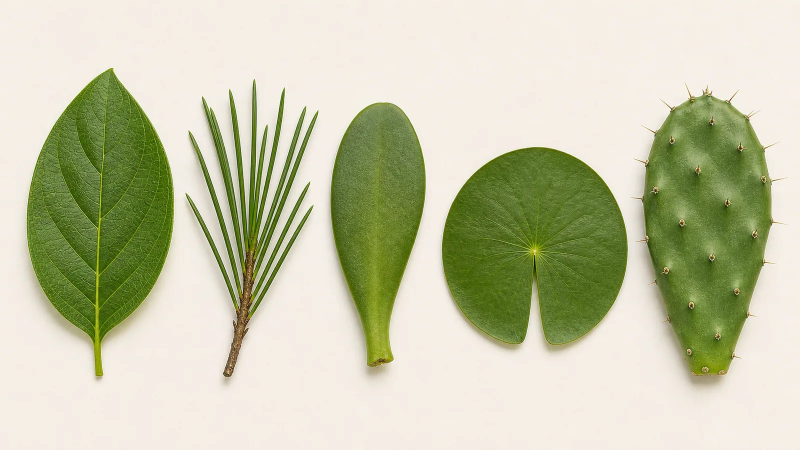 五種不同葉型的平鋪教學圖，包含闊葉、針葉、厚肉質葉、圓形浮葉與帶刺的仙人掌莖段