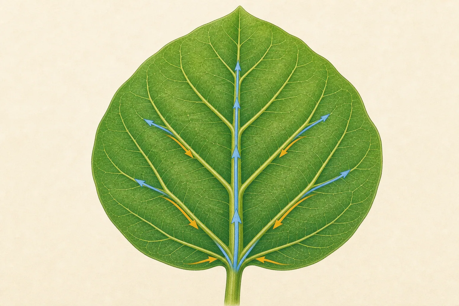 Generated concept image of a broad leaf showing midrib, side veins, small veins, and blue plus orange arrows for water and sugar transport