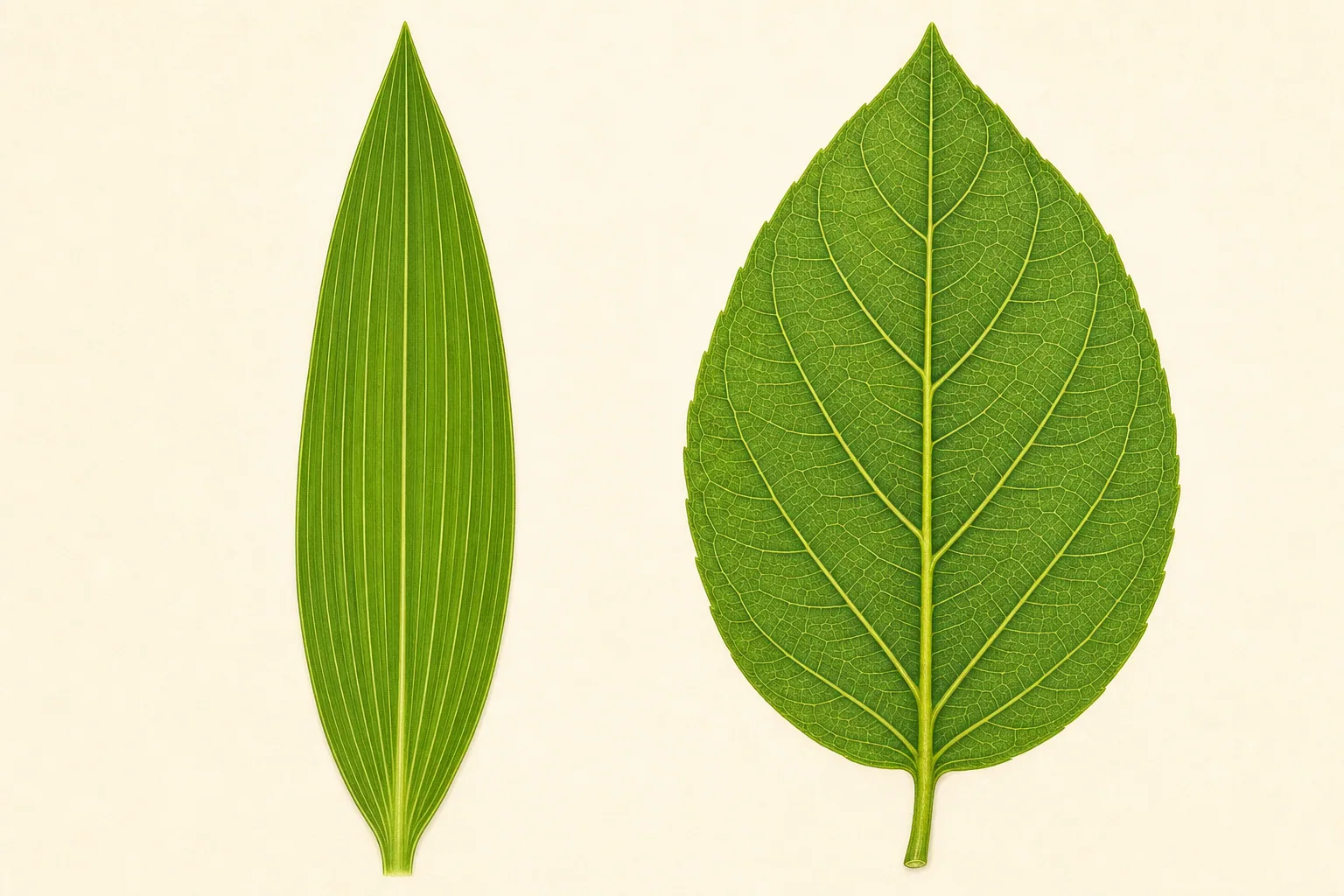 Side-by-side comparison of parallel venation in a narrow leaf and netted venation in a broad leaf