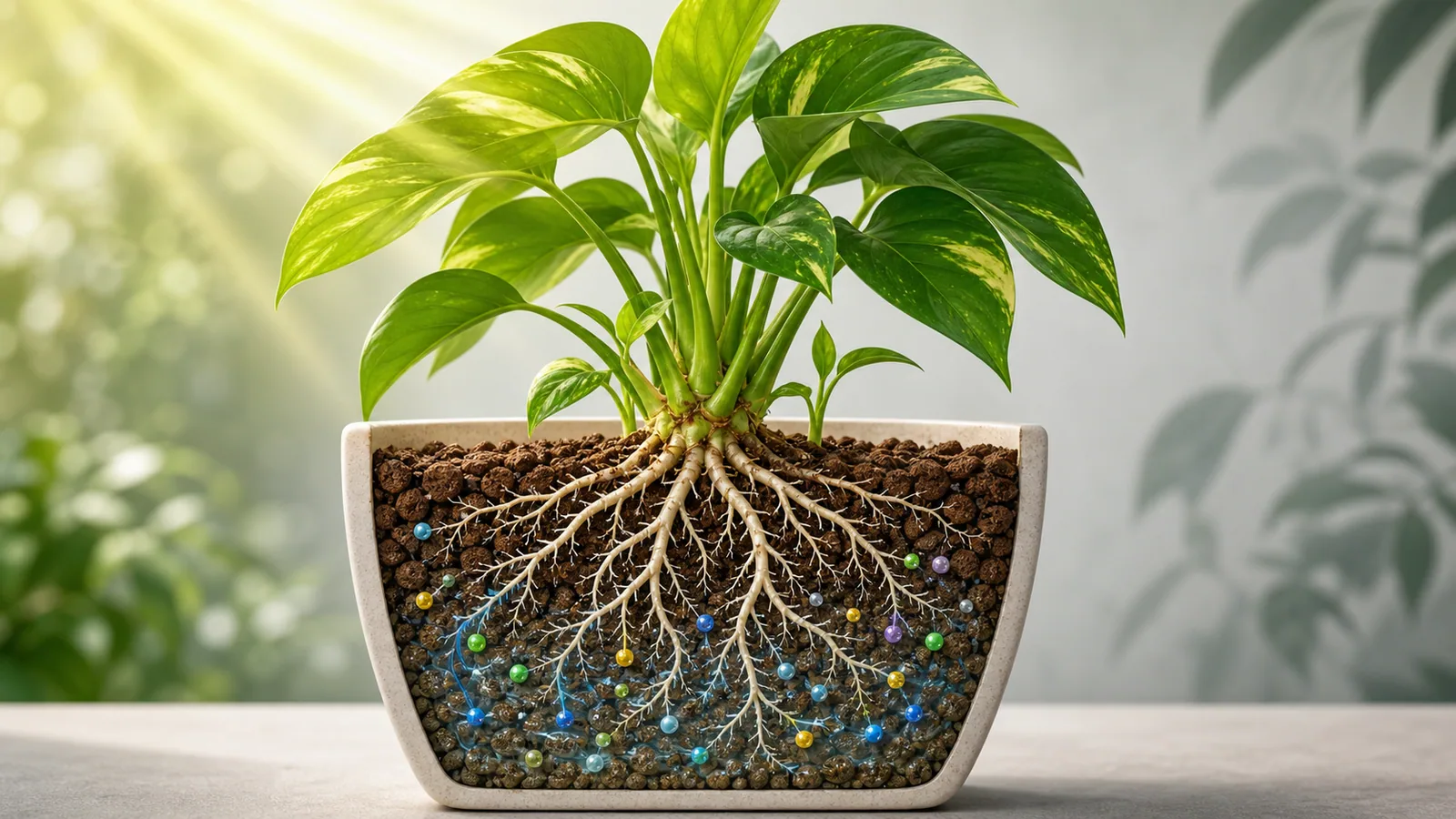 一般綠葉盆栽剖面教學圖，可見根在介質中吸收水分與礦物質，葉片接受光線