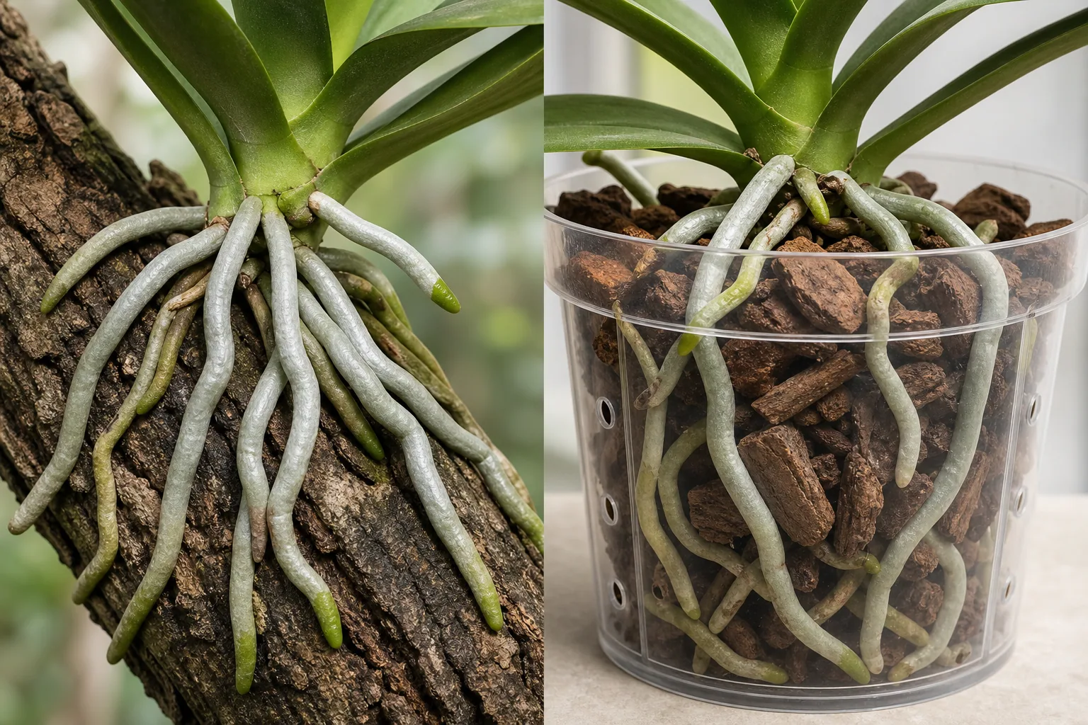Teaching comparison of Phalaenopsis roots attached to bark and similar roots growing among coarse bark chips in a clear pot