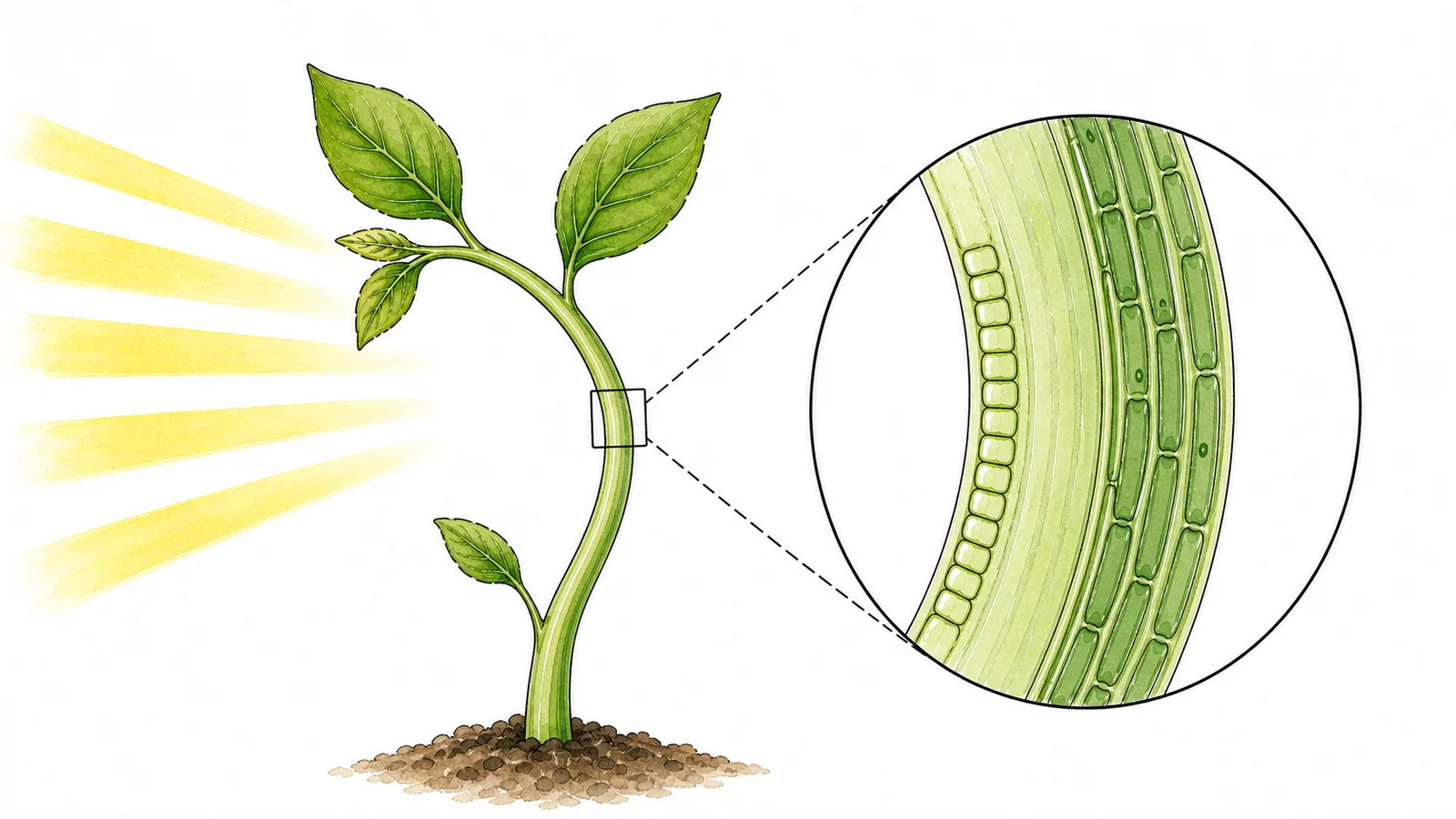 Teaching diagram showing light from one side, more elongation on the shaded side of a young shoot, and bending toward light
