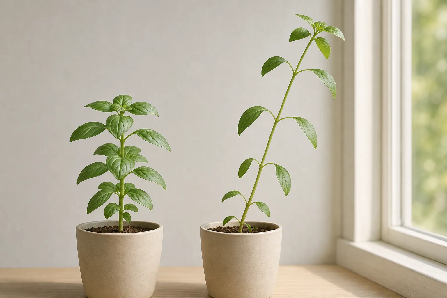 一般植物觀察示意圖：同種幼苗一株較緊湊，另一株在窗邊長得較高、莖較細且節間較長