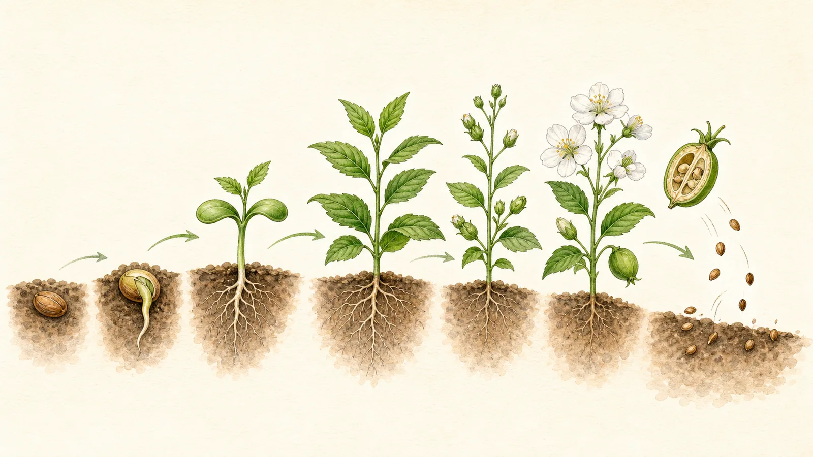 手繪教學圖，從左到右呈現常見開花植物由種子、發芽、幼苗、生長、花苞、開花、結果到新種子散落的生命週期