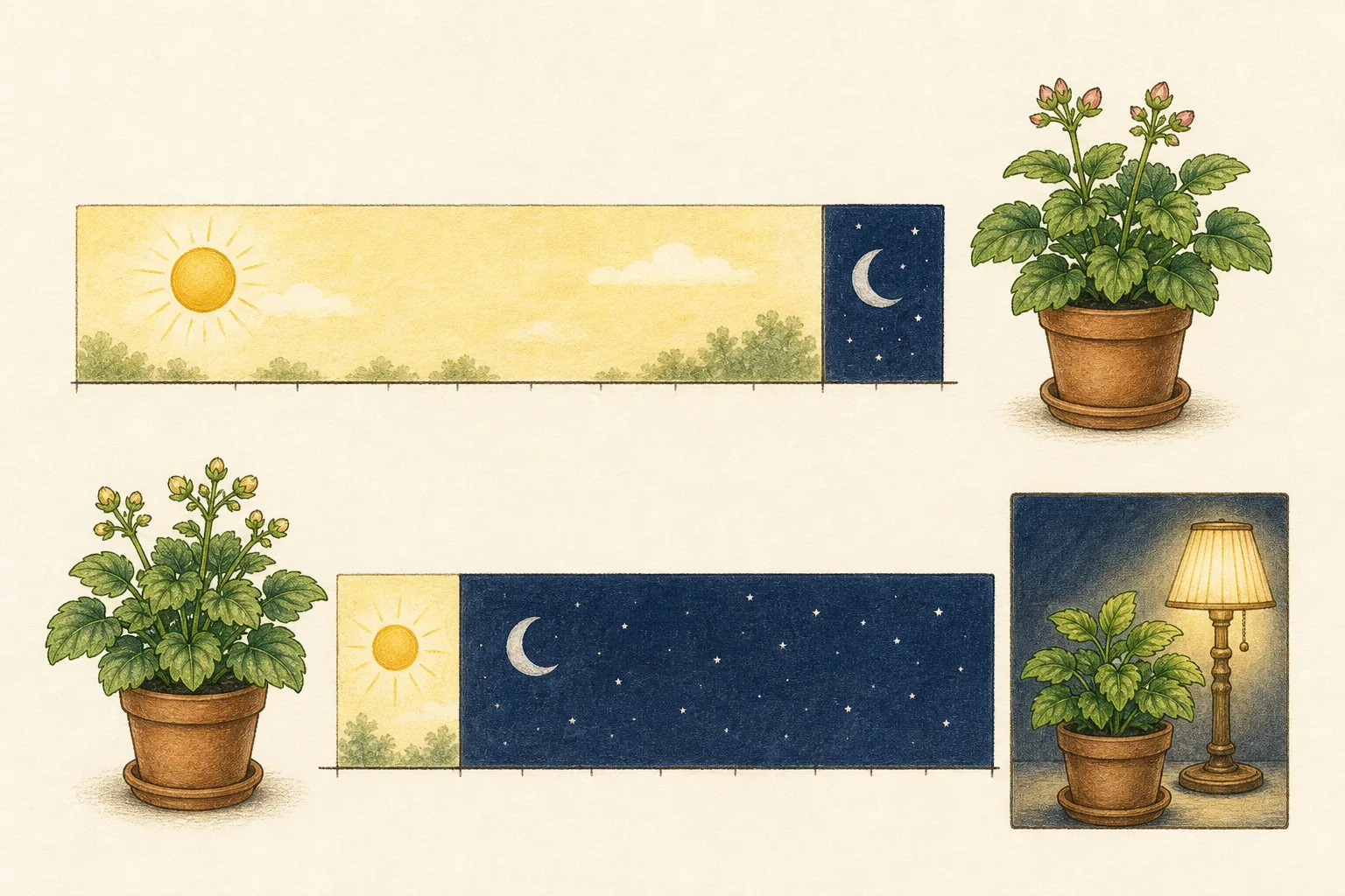Hand-drawn comparison of long-day and short-day conditions, with a separate example showing indoor light interrupting the dark period