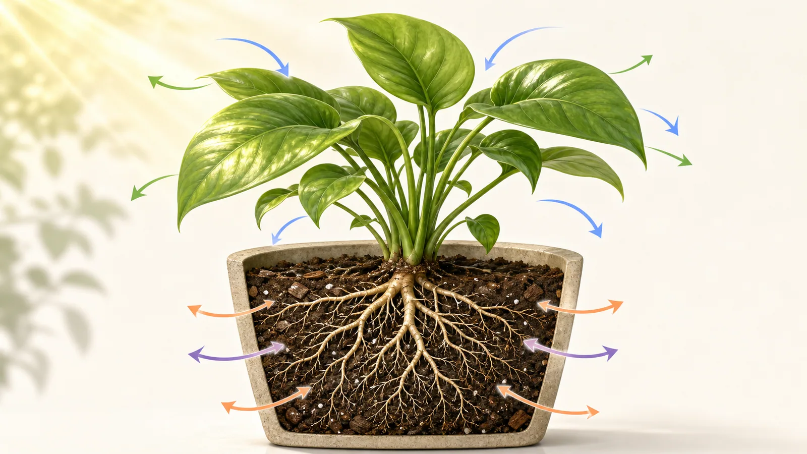 一般盆栽植物的教學示意圖，葉片和根部周圍都有不同方向的氣體交換箭頭