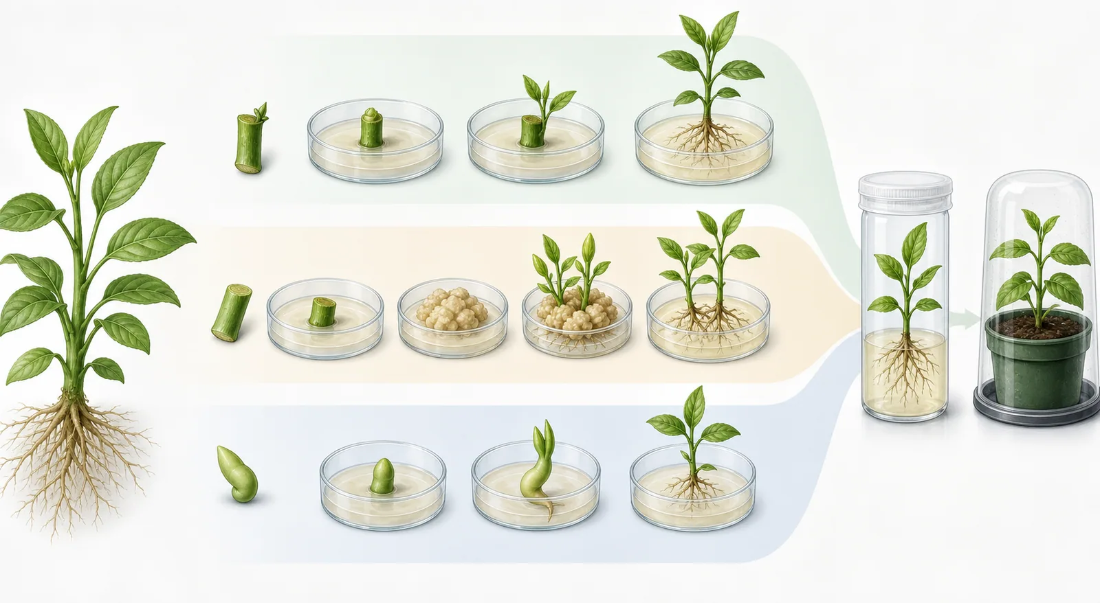 一般植物組織培養的三種概念再生路徑：培殖體直接形成芽、先形成癒傷組織再形成芽根，以及形成體胚後長成小植株