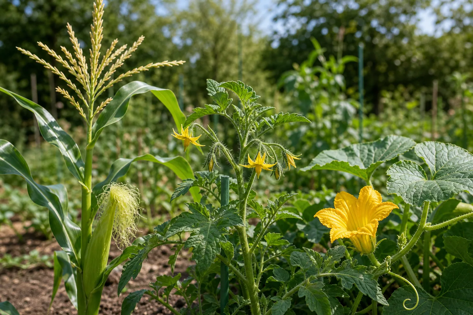 Photo-style teaching image with tomato flowers, corn tassels and silks, and yellow cucurbit flowers used as pollination examples