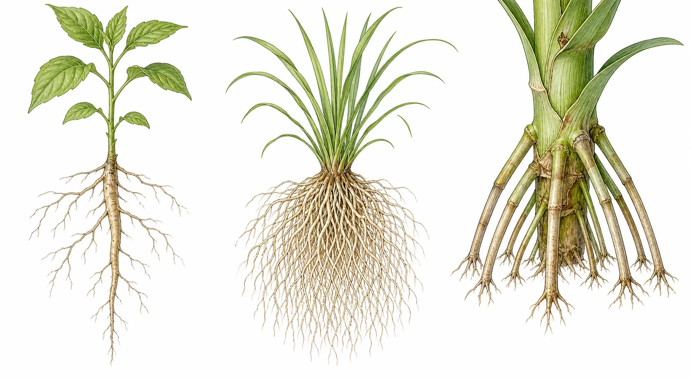 Teaching image for How are taproots, fibrous roots, and prop roots different?