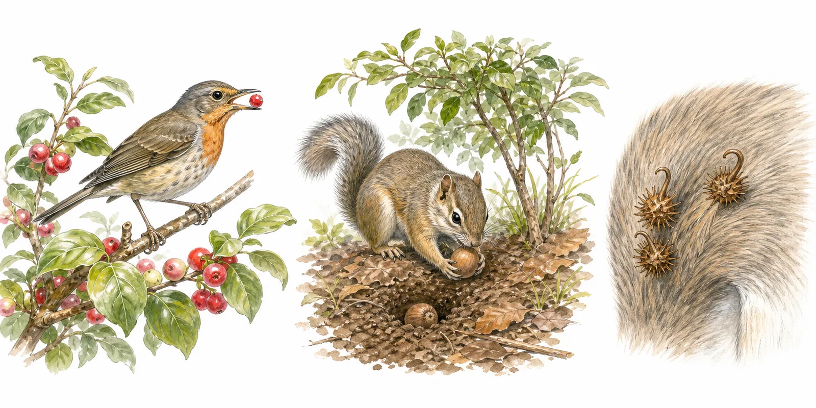 Teaching image showing a bird eating berries, a small mammal carrying or burying seeds, and hooked fruits attached to animal fur