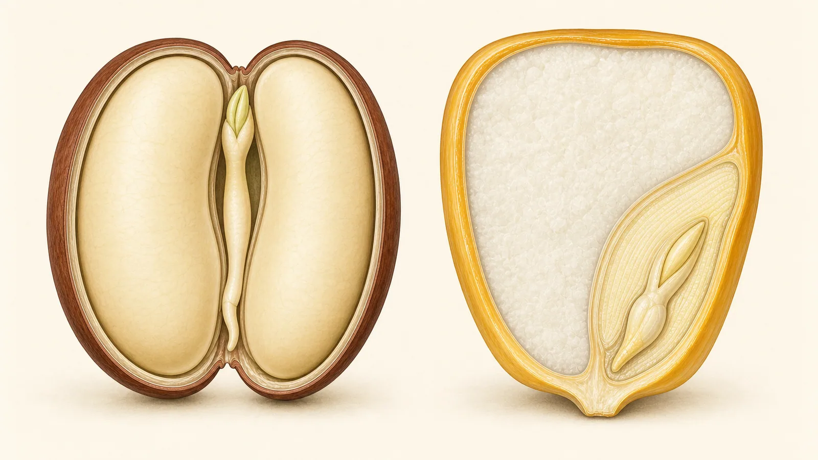 Teaching illustration comparing dicot and monocot seed cross-sections, with cotyledons, embryo axis, plumule, radicle, embryo, and endosperm marked