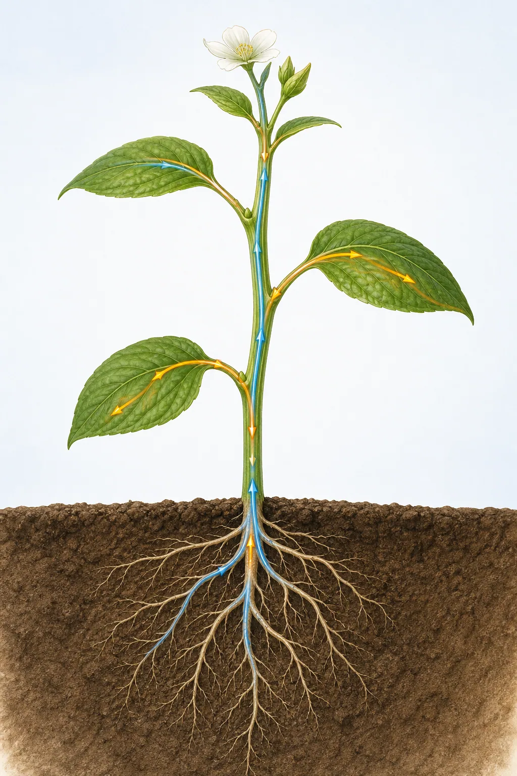 一般植物根莖葉教學圖，根在土壤下方，莖連接根、葉和花芽，藍色箭頭往上、橘色箭頭從葉片沿莖移動