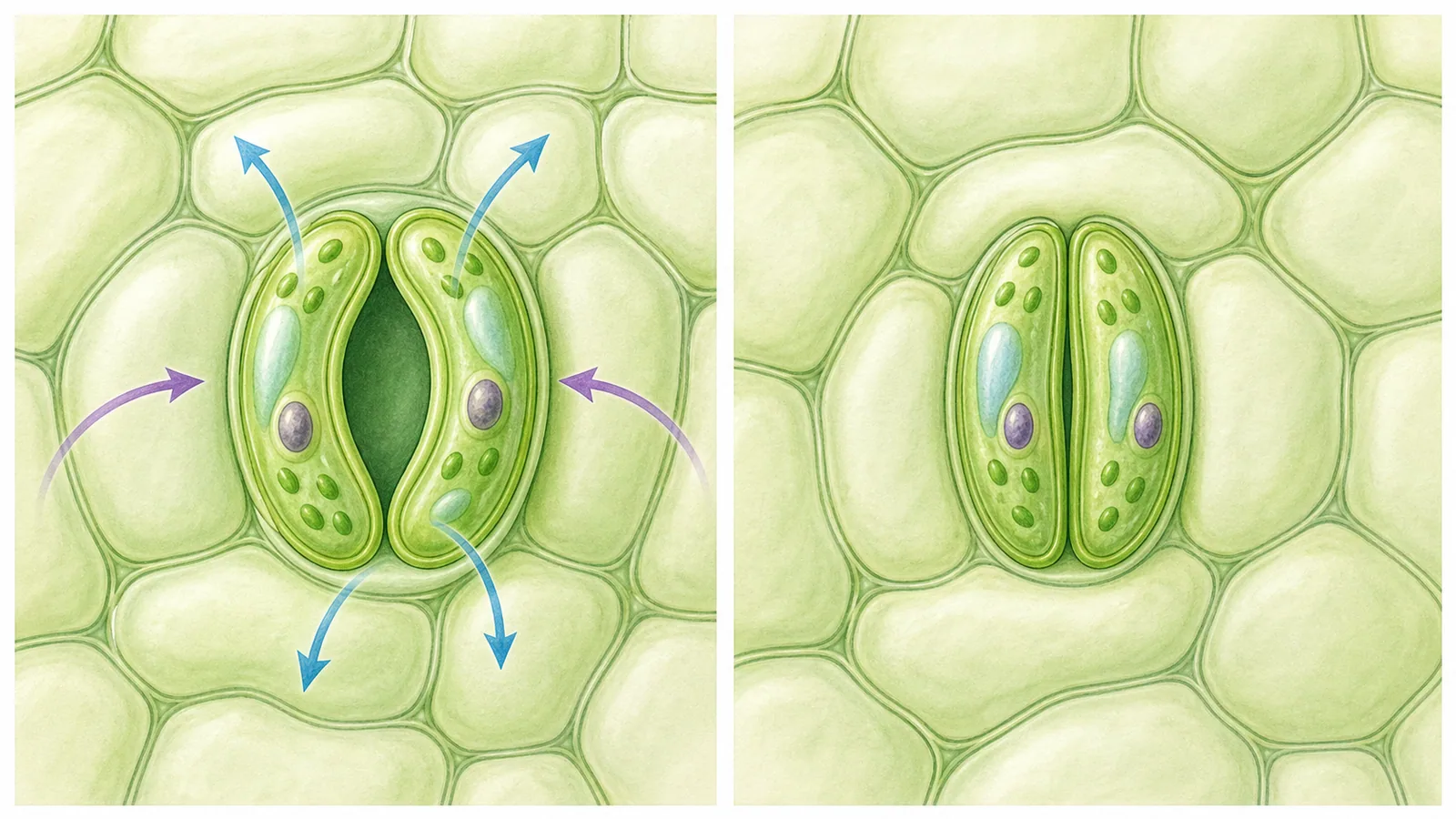 Generated teaching image showing a leaf epidermis with one open stoma and one more closed stoma, with arrows suggesting material movement