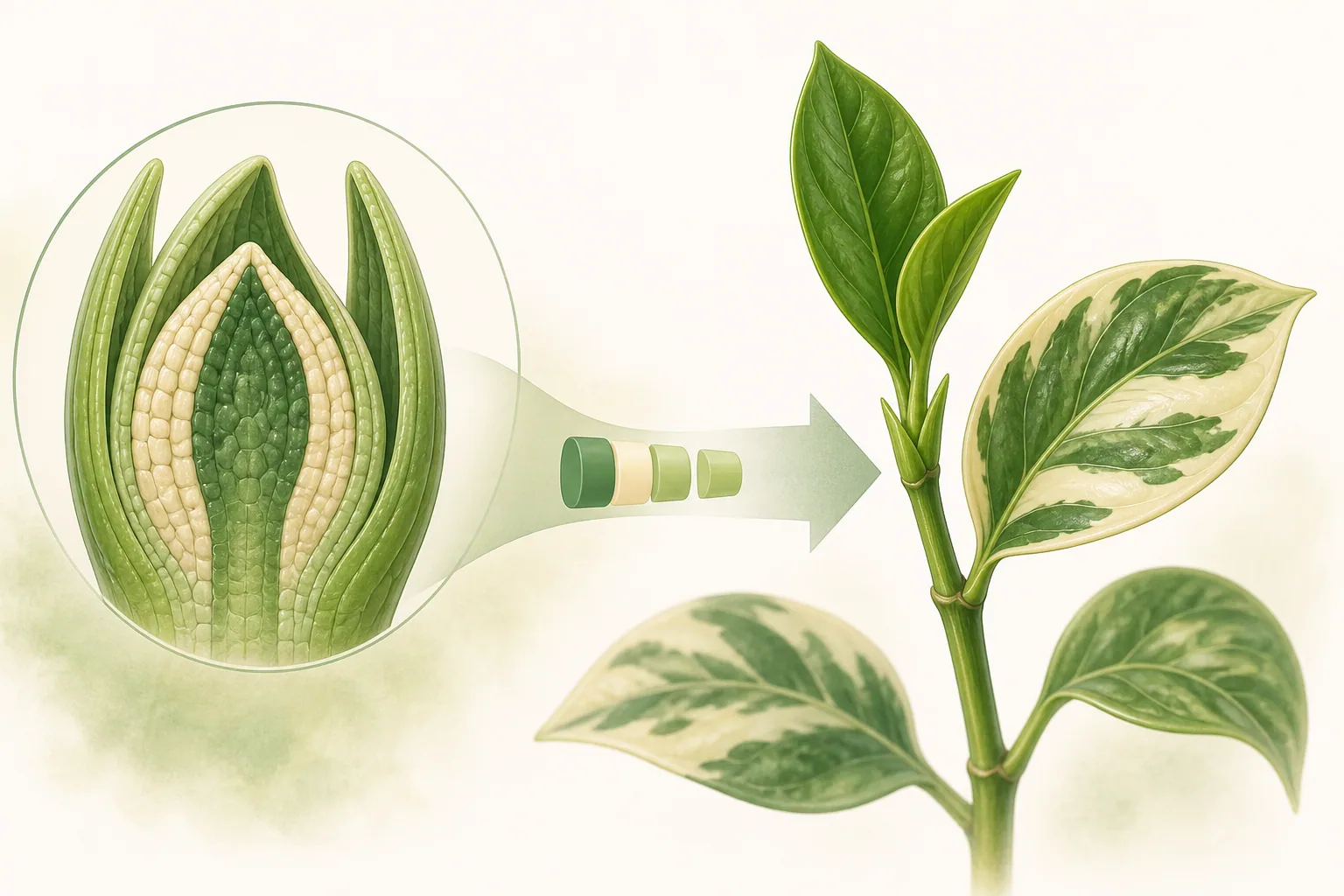 A generated teaching image showing shoot-tip tissue layers leading to variegated leaves and an all-green shoot