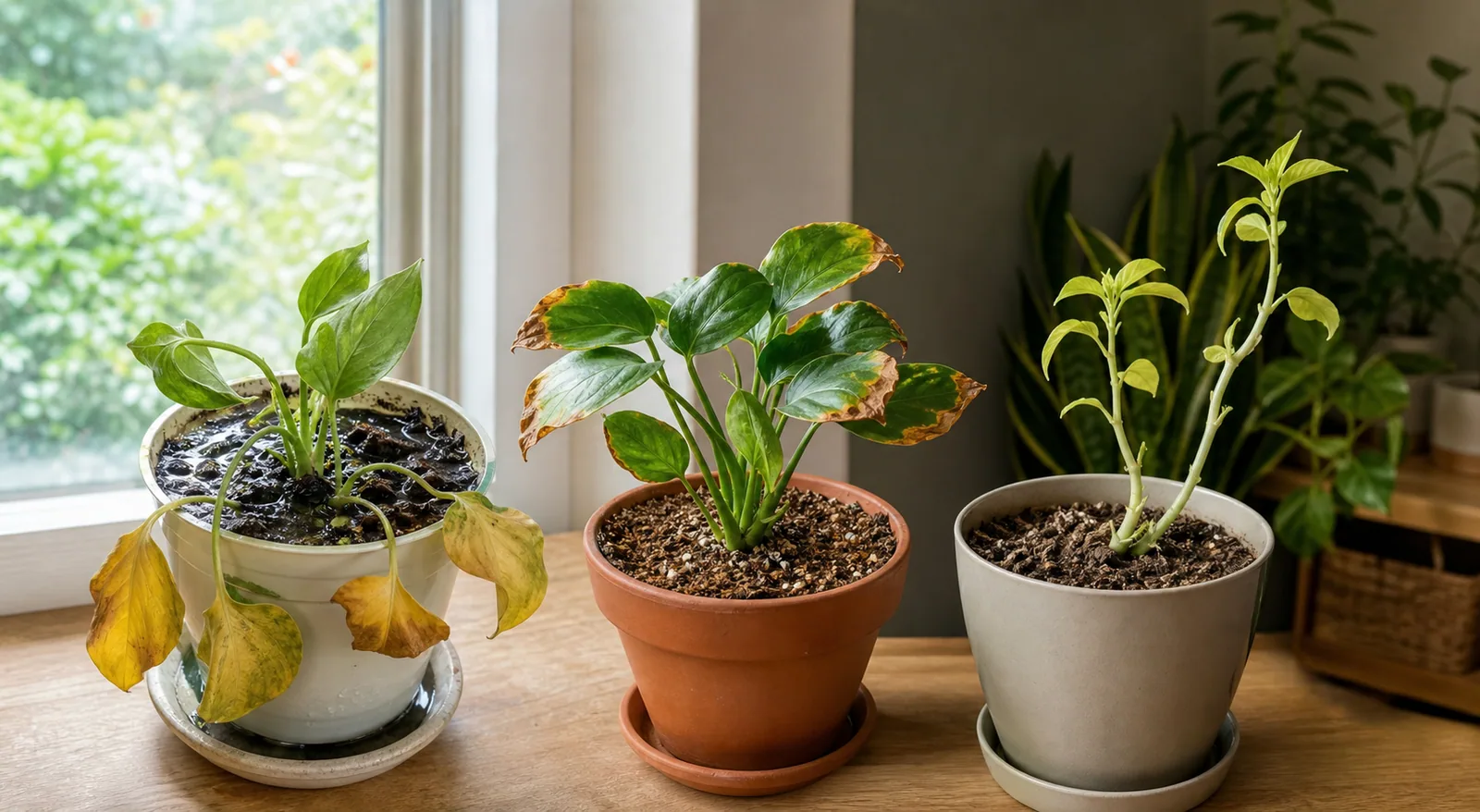 三盆室內植物的生成教學圖，分別呈現潮濕介質與萎黃葉、葉緣焦褐、以及偏暗環境中枝條伸長且葉色變淡