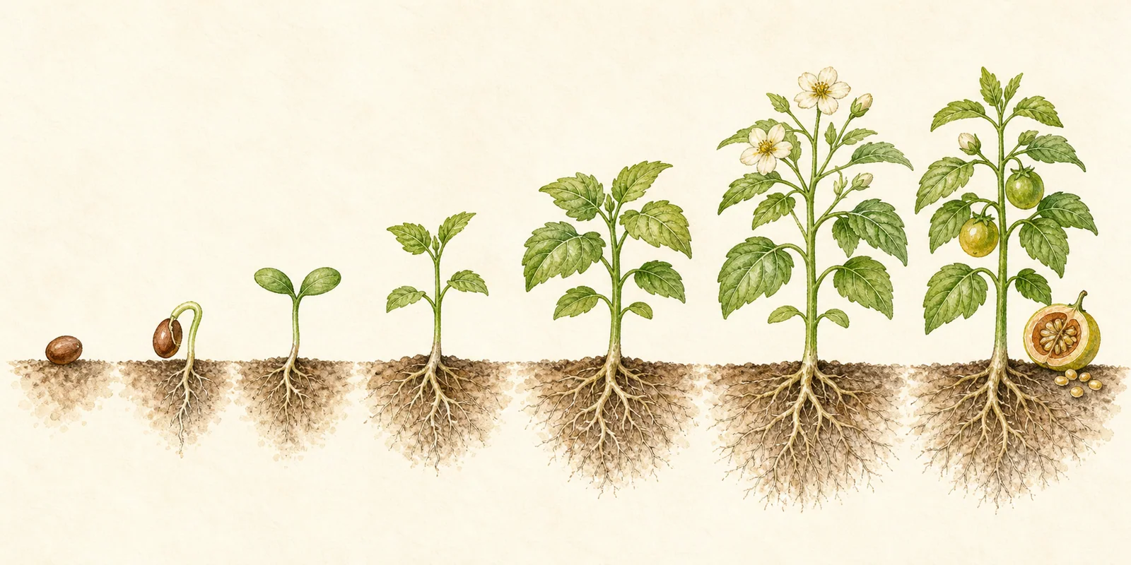 Teaching image of a general flowering plant life cycle from seed, germination, seedling, growth, flowering, fruiting, and seed formation