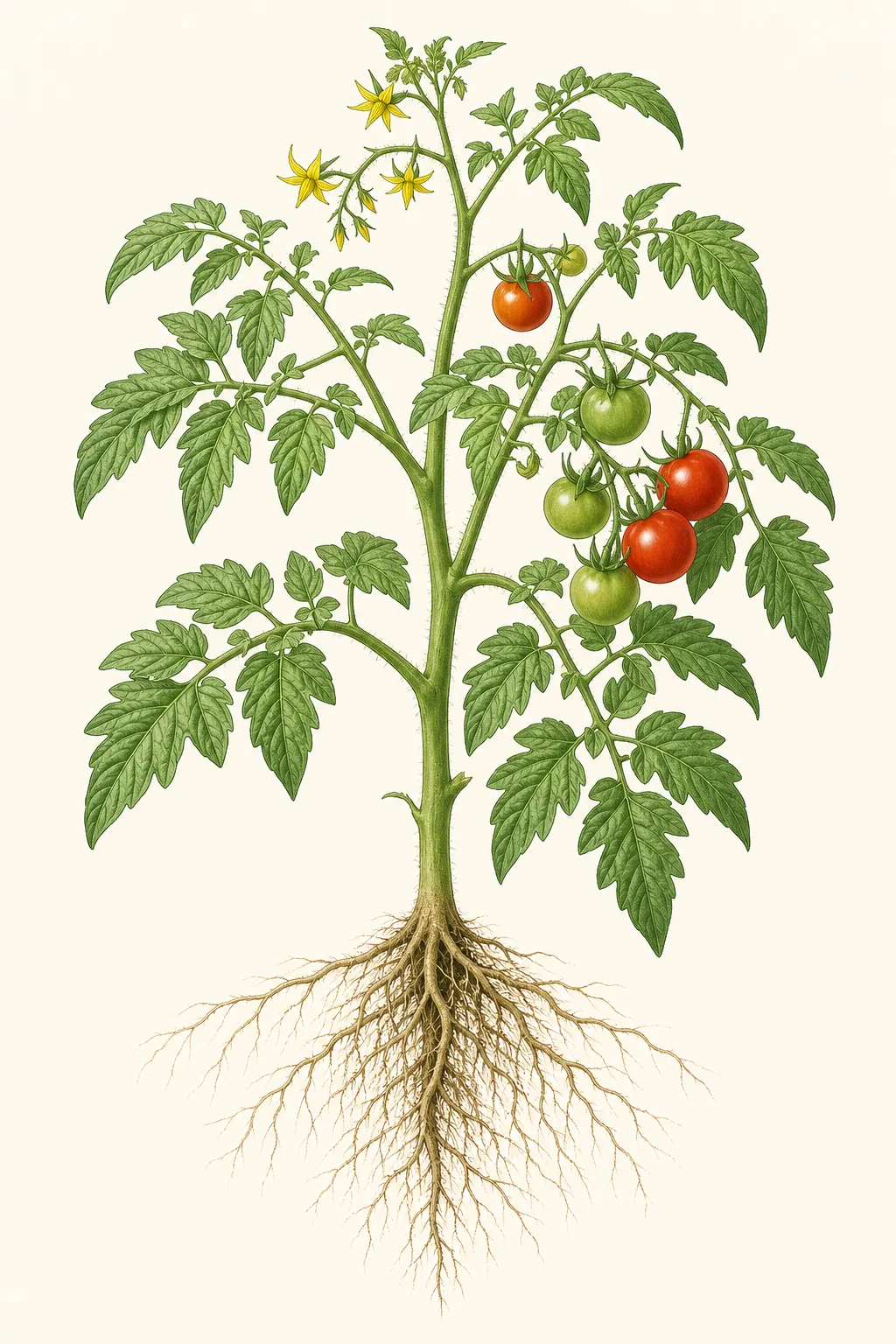 番茄類開花植物示意圖，可看見根、莖、葉、花與果實