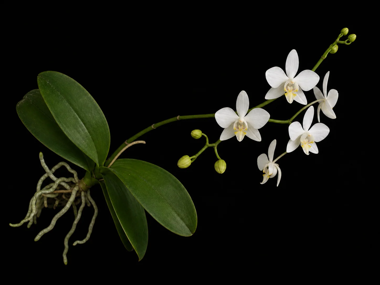 Whole Taiwan white Phalaenopsis plant showing leaves, roots, and an inflorescence