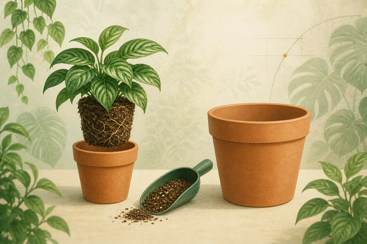 植物根團離開小盆，準備移入旁邊較大的盆器